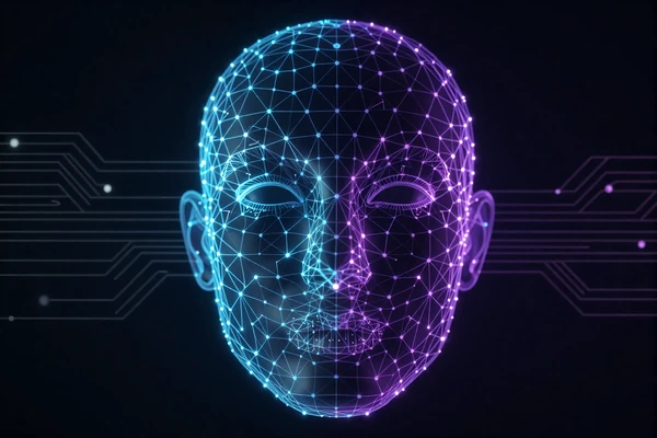 Biometric privacy and facial recognition concept without text - abstract digital mesh face pattern