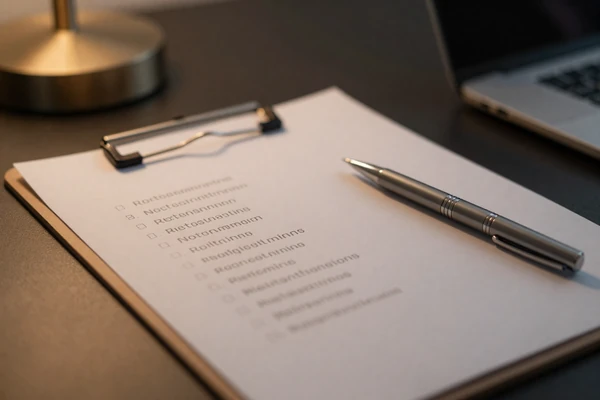 Settlement claim submission process concept without text - checklist and pen on desk