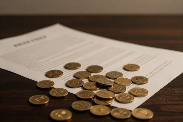 Settlement payment process concept without text - coins and documents representing settlement distribution